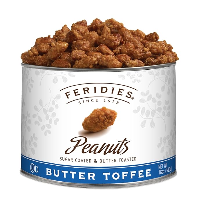 FERIDIES Butter Toffee Candied Peanuts Buttered Toffee Coated Peanuts Ou-Dairy Kosher Certified All Natural Cholesterol Free - 18 Oz Tin