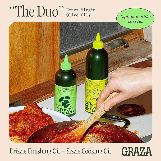 Graza Extra Virgin Olive Oil Variety Pack Sizzle &amp Drizzle - High Polyphenol Peak Harvest EVOO Cooking &amp Finishing Oil in a Squeeze Bottle - Single Farm Olives from Spain