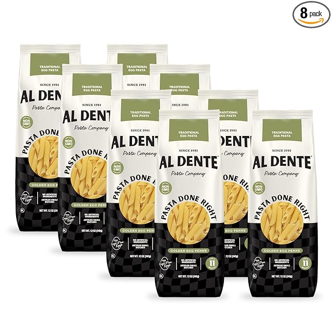 Al Dente Golden Egg Penne – All-Natural Hand-Crafted Egg Pasta. Traditional Pasta Noodles Made with Cage-Free Eggs and Semolina. Great for Pastas Soups Stews. 12oz Bags (Pack of 8)