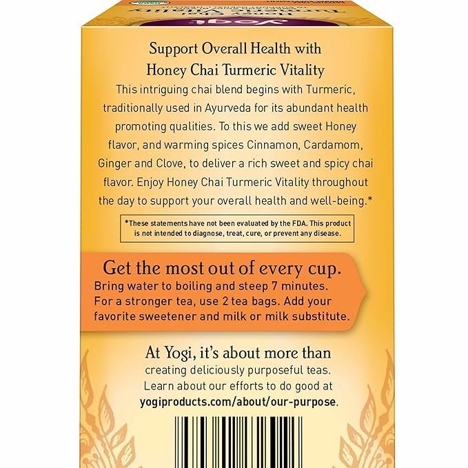 Yogi Tea Honey Chai Turmeric Vitality Tea - 16 Tea Bags per Pack (6 Packs) - Organic Tea to Support Overall Health - Includes Cinnamon Bark Turmeric Root Cardamom Pod Ginger Root &amp More