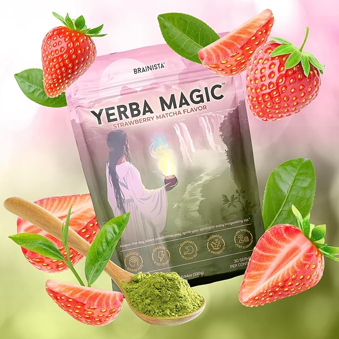 Brainista Yerba Magic Yerba Mate Tea Instant Powder Drink with Nootropics Pre &amp Probiotics Clean Energy Mental Clarity &amp Gut Wellness Low Sugar Natural Caffeine Strawberry Matcha 30 Se