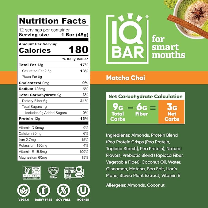 IQBAR Clean Plant Protein Bars - Matcha Chai - 36 Count - Keto Vegan High Fiber Gluten and Dairy Free Low Sugar Snack - Brain and Body Nutrients for Focus Energy Meal Replacement