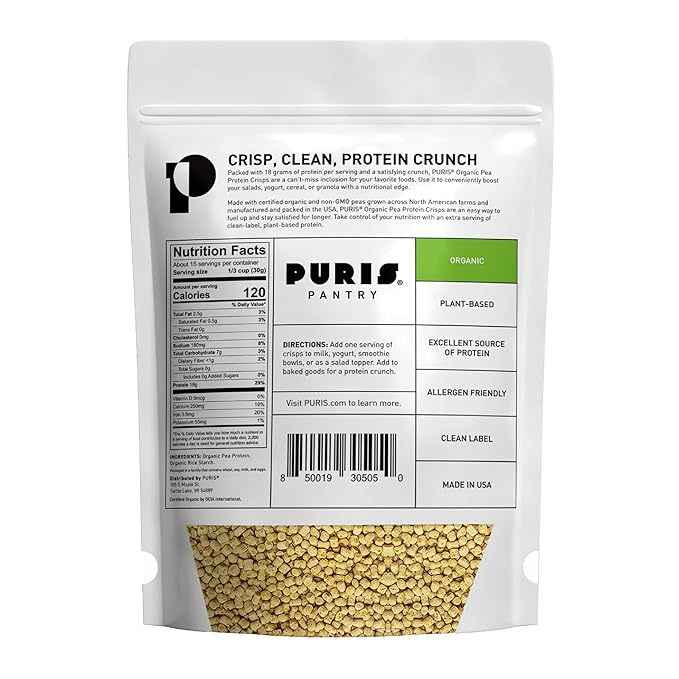 PURIS Organic Pea Protein Crisps Certified Organic Pea Protein Isolate Keto Protein Crunch Made 100% in The USA Non-GMO Gluten Free No Sugar No Soy 18g Protein 7g Carbs Unflavored (1 lb (12-