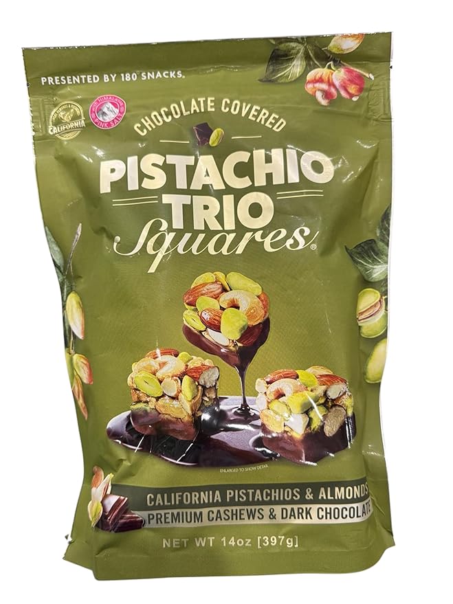 Pistachio Trio Squares Chocolate Covered California Pistachios Almonds Premium Cashews Dark Chocolate 14ozResealable1-pack