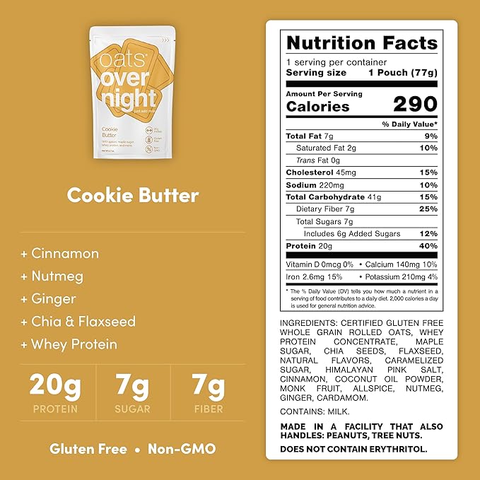 Oats Overnight Cookie Butter - Overnight Oats with 20g Whey Protein High Fiber Breakfast Protein Shake - Gluten Free Oatmeal Non GMO High Protein Oatmeal (2.7 oz per Meal) (24 Pack)