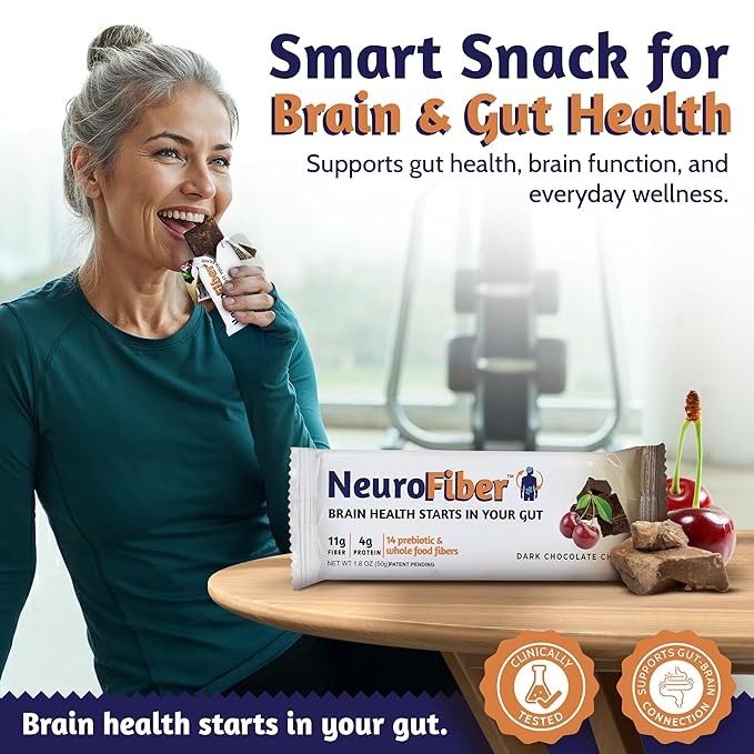 NeuroFiber Prebiotic Fiber Bars – Gut Health Constipation Relief &amp Brain Function Support – Plant-Based Gluten Free Vegan (Dark Chocolate Cherry - 14 Bars)