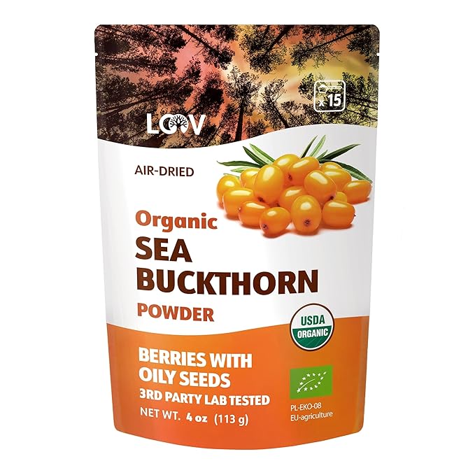 LOOV Organic Sea Buckthorn Berry Powder High in Fiber Omegas Vitamin C Vitamin E Made from Whole Berries 4 Oz Grown in Nordic Climate 23-Day Supply No Added Sugar Non-GMO
