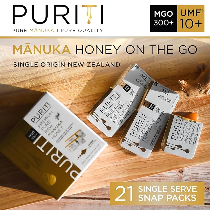 PURITI Genuine Raw Manuka Honey Snaps On The Go - UMF 10+ (MGO300+) 21 x 0.18oz Individual Snap Packets Single Serve Honey Sticks for Tea Travel &amp Snacks Certified Authentic Made in New Zealan