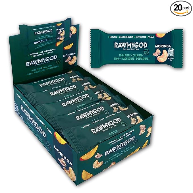 RAWMYGOD Fruit and Nut Bars Gluten Free Vegan No Added Sugar (20 bars Moringa)