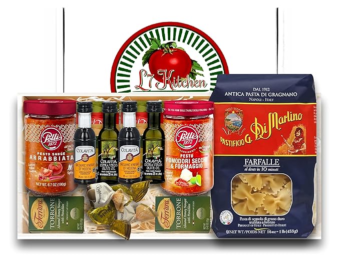 Imported Italian Dinner for Two Meal Kit - Sun-Dried Tomato Pesto Spicy Arrabbiata Pesto Pasta Seasonings and Sweets Gift Box