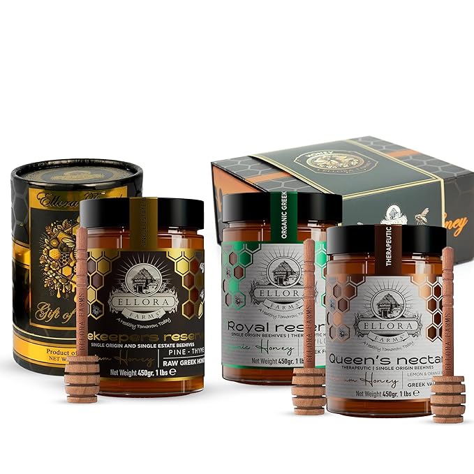 Ellora Farms Greek Honey Bundle – Pine &amp Thyme Raw Honey (450g) + Organic Thyme &amp Orange Blossom Raw Honey (2x1lb) – Single Estate Unfiltered Cold-Pressed Includes Wooden Dippers