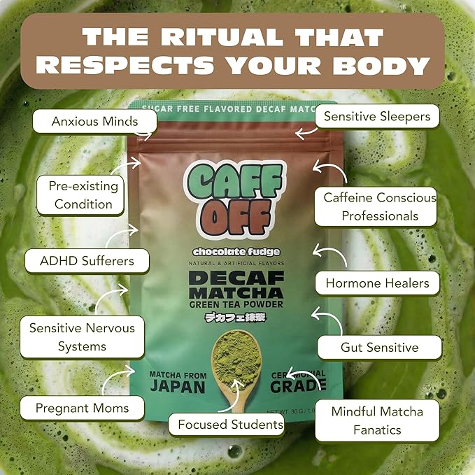 Caff Off Decaf Chocolate Matcha Green Tea Powder From Japan – 1.06 oz / 30 g – Ceremonial Grade &amp Sugar-Free – No Fillers or Milk Powders – Naturally Decaffeinated Without Chemicals – Tested for H