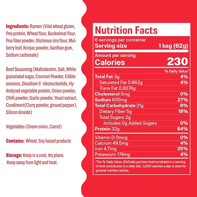 Hethstia Protein Ramen Spicy Beef Flavor 6-Pack High-Protein Instant Noodle Meal Plant-Based 32g Protein Vegan Non-GMO Low Fat Air-Dried Non-Fried Healthy Spicy Ramen Soup