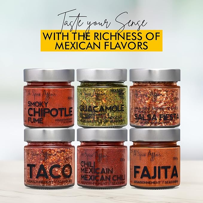 A Spice Affair's Mexican Fiesta 6-Pack Spice Set — Mexican Fajita Meat Taco Bell Seasonings Mix and Spices Sets — Mexican Taco Fajita Seasoning Mix
