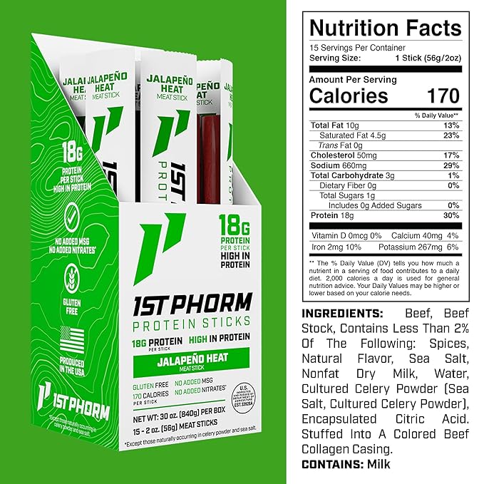 1st Phorm Meat Sticks Jalapeno Heat 18G Protein per Serving USA Raised Lean Beef High Protein Snacks Gluten Free No Msg or Nitrates Individually Wrapped 15 Count