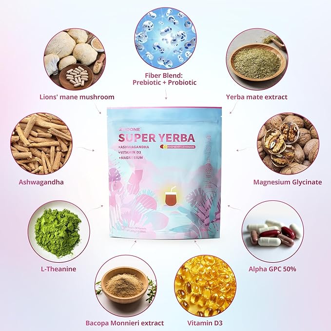 ZOOONE Super Yerba Mate tea Instant Powder 30 Packets- Raspberry Lemonade Flavor | Servings Clean Energy &amp Focus Boost Brain Fog Buster| Gut Support Antioxidants