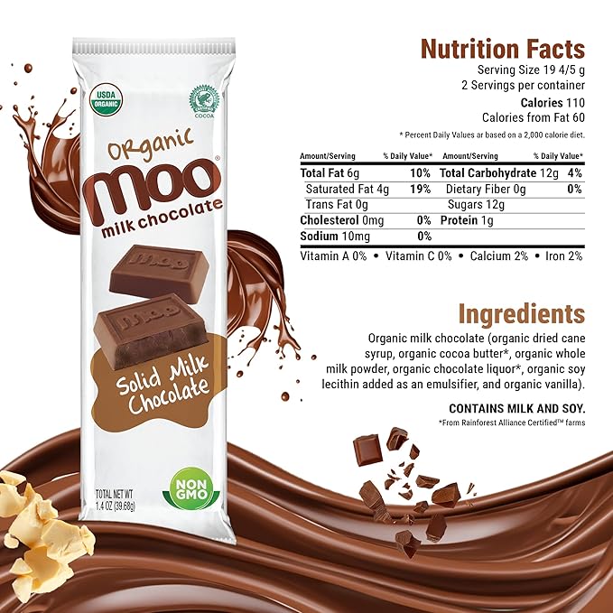 Moo Chocolates Organic Solid Milk Chocolate Large Bars 1.4 oz 14 ct (Pack of 1) | USDA Organic Non-GMO | 110 Calorie Snacks for On-the-Go Lunchboxes Office