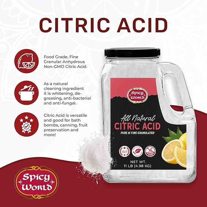 Citric Acid 11 LB Bulk Jar - All Natural Food Grade Non-GMO Citric Acid Powder for Cleaning Bath Bombs Preserving | Fine Granular &amp Premium Quality by Spicy World