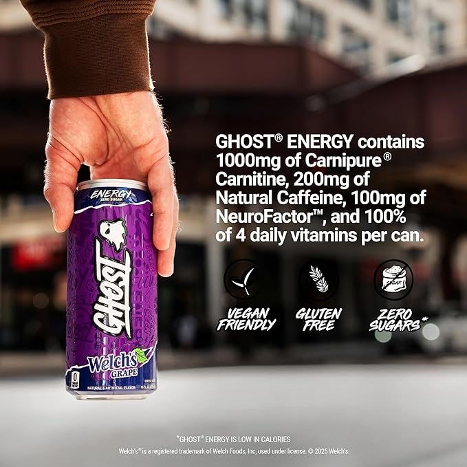 GHOST Energy Drink - 12-Pack Welch's Grape 16oz Cans - Energy &amp Focus &amp No Artificial Colors - 200mg of Natural Caffeine L-Carnitine &amp Taurine - Gluten-Free &amp Vegan