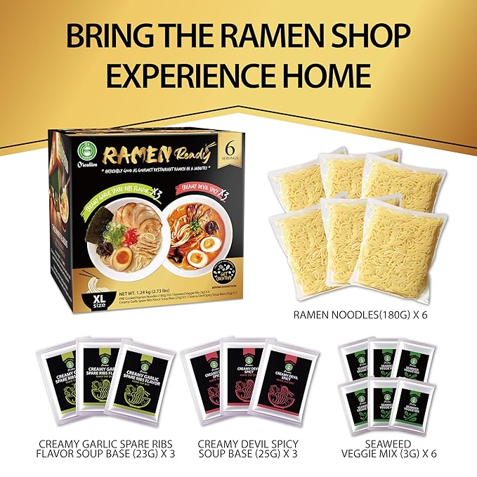 O'scallion Pack of 6 Ramen Noodles - Authentic Japanese Taste - Fresh Pre-Cooked Noodles Rich Soup Base &amp Veggie Pack - Enjoy Restaurant-Style Ramen at Home in Seconds (6 Servings Creamy Garlic