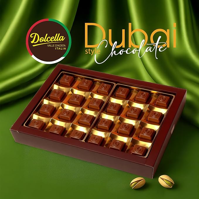 Dolcella Dubai Chocolate Truffles Gift Box – Milk Chocolate with Pistachio Cream Butter &amp Crispy Kataifi | 24-Piece Luxury Chocolate Candy Box | 9.31 OZ (264g)