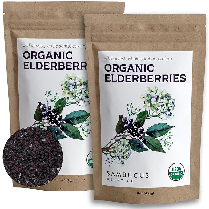 Waterglider International Certified USDA - 100% Organic Dried Elderberries - 2lb Bulk - Non-Irradiated Non-GMO Wild Harvest Whole Black Elderberry Immune Support - Raw Vegan Sambucus 2 Pack