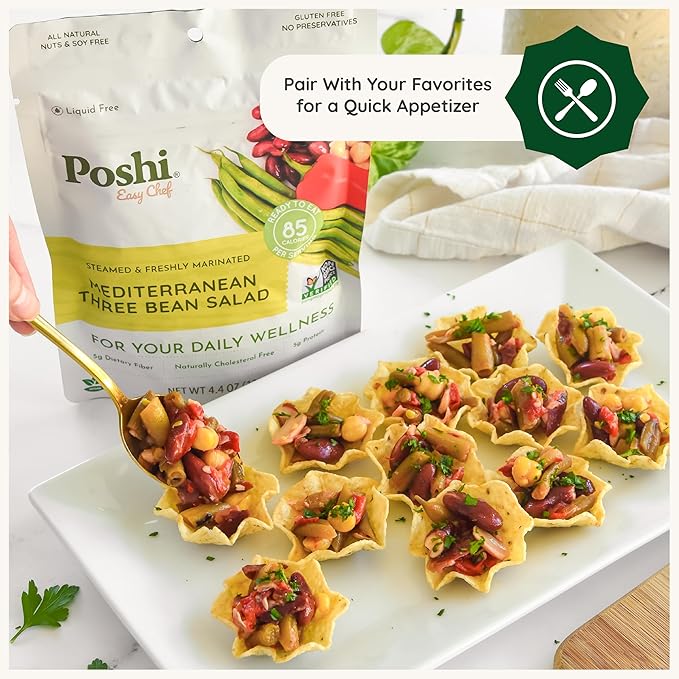 POSHI Mediterranean Three Bean Salad Natural Keto Vegan Non GMO Low Carb + Calorie Gluten Free Ready to Eat Fully Cooked Vegetables Pentry Food Gourmet Healthy Travel Food 6 Pack 4.4 oz