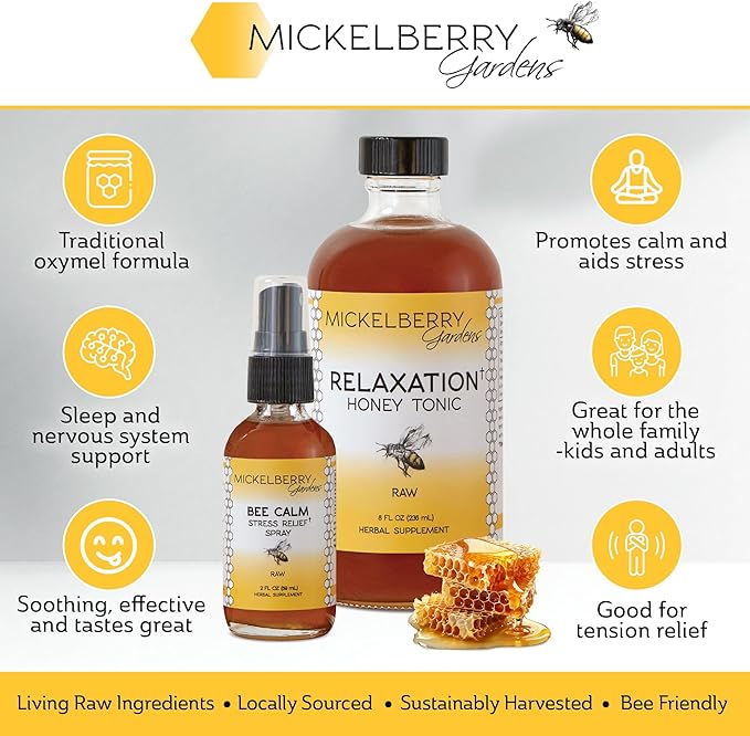 Mickelberry Gardens Relaxation Honey Tonic – Natural Tension Relief &amp Sleep Support with Chamomile Lavender &amp Organic Herbs – 8 Oz