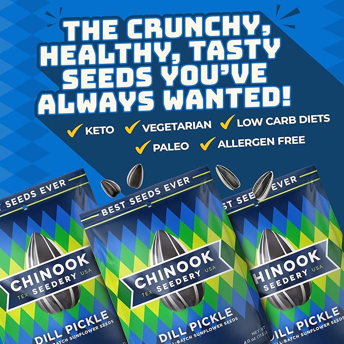 Chinook Seedery Sunflower Seeds to Eat — Jumbo Flavored Roasted Low Sodium Snacks — Keto Friendly Gluten-Free Non-GMO — Dill Pickle Sunflower Seeds 4 oz (12-Pack)
