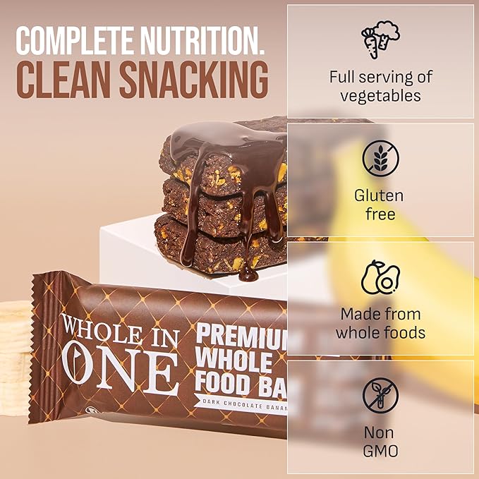 BrickHouse Nutrition Whole In One Bars: Healthy Snacks for Adults | Non-GMO Gluten Free Snack Bars | Real Fruits &amp Vegetables - Dark Chocolate Banana (12 Bars)