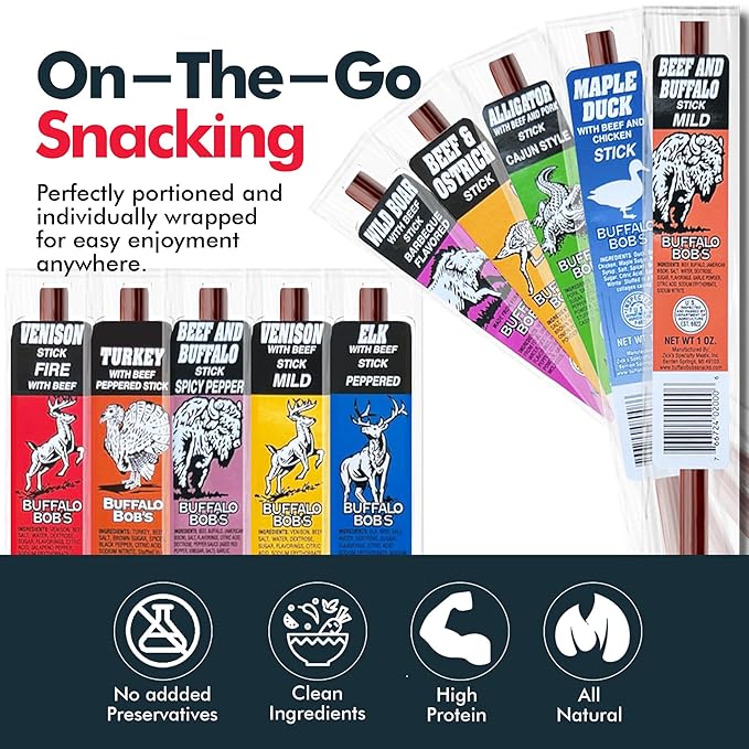 Jerky-n-Spice Wild Game Meat Sticks (10-Pack) | Ultimate Exotic Snacks | Beef Jerky Gifts for Men | Delicious Jerky Variety Pack Ideal for Anniversary Camping Hunting &amp Birthday Events
