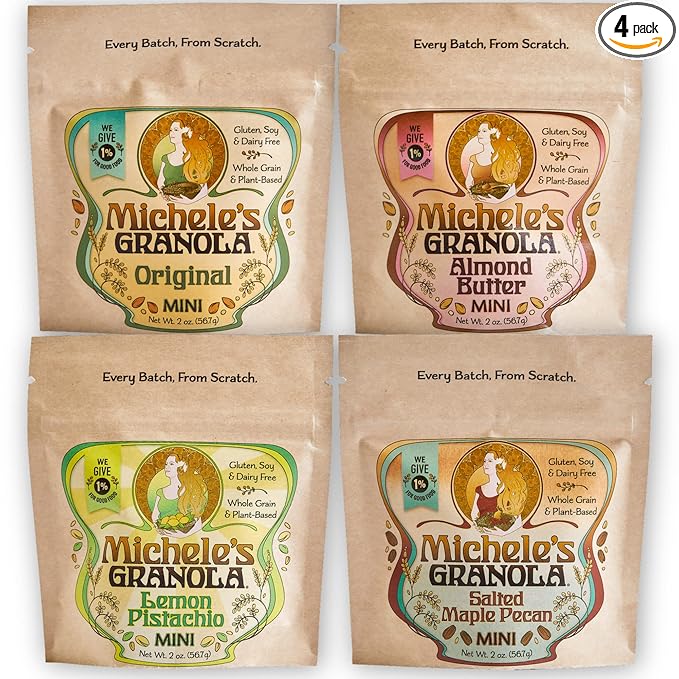 Michele's Granola Minis Variety Snack Pack Handmade Whole Grain Vegan Gluten-Free &amp Non-GMO 2oz Bags Pack of 4