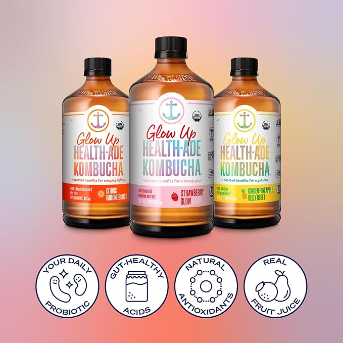 Health-Ade Kombucha Tea Organic Drink Fermented Tea with Living Probiotics Detoxifying Acids Supports Gut Health Non-GMO Vegan Gluten Free 12 Pack (16 Fl Oz Bottles) Glow Up Variety Pack