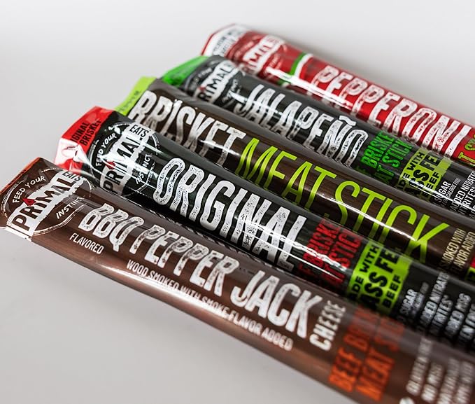 Primal Eats Original 100% Grass Fed Beef Brisket Meat Sticks 3oz 10-Pack - 19g Lean Meat Protein Keto Paleo Carnivore Gluten Free Zero Sugar Beef Jerky Snack Stick