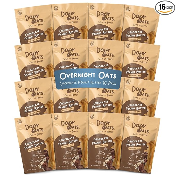 Dozy Oats Overnight Oatmeal Packets Chocolate Peanut Butter Multipack with Rolled Oats Chia Seeds and Date Powder. Gluten-Free Natural Source of Protein and Fiber 16-Pack