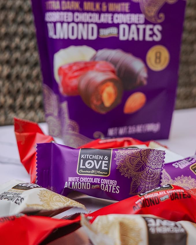 Kitchen &amp Love Assorted Chocolate Covered Almond Stuffed Dates in a Convenient Resealable Pouch 8 Individually Wrapped Pieces Healthy Snack 3.5 oz pouch (Pack of 4)