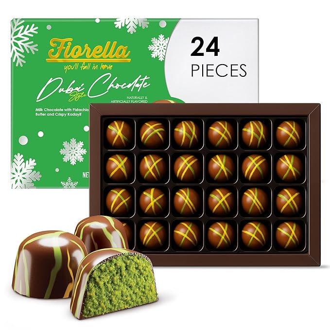 Fiorella Dubai Chocolate Gift Box 24 Count Premium Gourmet Milk Chocolate with Pistachio Butter &amp Crispy Knafeh Food Gifts for Holiday Gift Basket Christmas Chocolate Candy 10.15 Oz