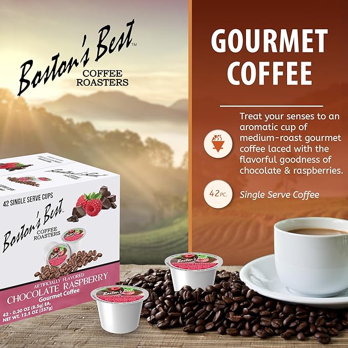 Boston’s Best - Chocolate Raspberry Flavored Coffee Medium Roast Gourmet Compatible with Keurig Coffee Maker 1 Count (42 Single Serve Cups)