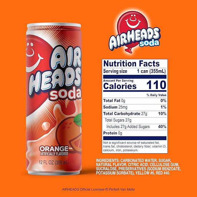 Airheads Soda – 12 Pack of 12oz Sleek Cans | Creamy Fruit Soda with Big Juicy Flavor | Dairy-Free Gluten-Free Kosher (Orange)