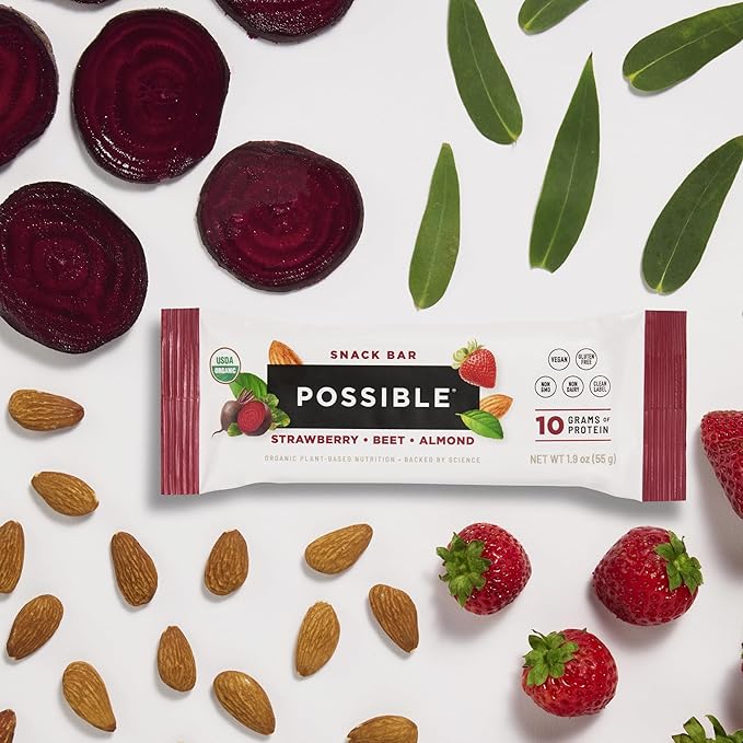 POSSIBLE Snack Bar - Whole Food Snack to Support a Healthy &amp Active Lifestyle - 10g of Organic Plant-Based Protein - Energy Support with Healthy Fats - Strawberry Beet Almond 12 Count (Pack of 1)