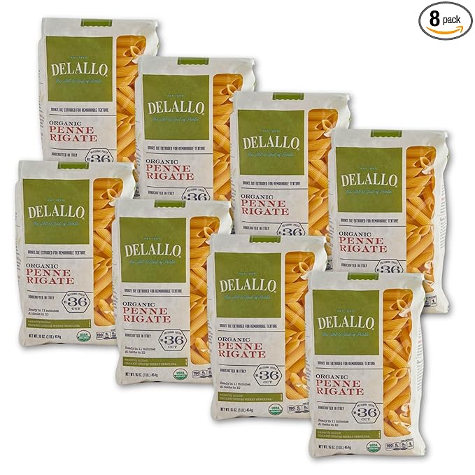 DeLallo Organic Penne Rigate Pasta Made with 100% Durum Wheat Semolina Flour Made in Italy Bronze Cut Kosher Vegan All Natural 16 oz Bag (8 Pack)