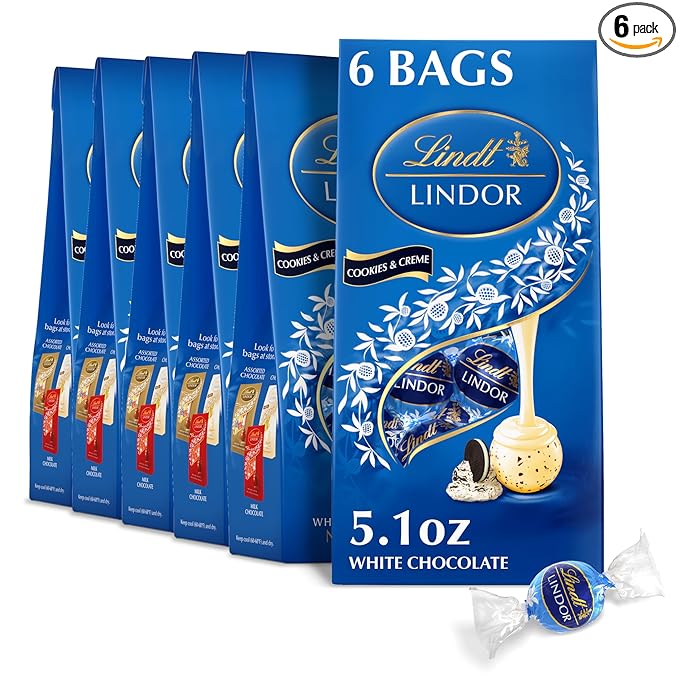Lindt LINDOR Cookies and Creme White Chocolate Candy Truffles Chocolates with Smooth Melting Truffle Center 5.1 oz. Bag (6 Pack)