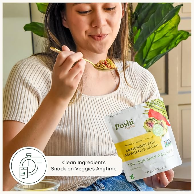 POSHI Artichoke &amp Asparagus Salad Natural Keto Vegan Non GMO Low Carb + Calorie Gluten Free Ready to Eat Fully Cooked Vegetables Pentry Food Gourmet Healthy Travel Food 6 Pack 4.4 oz