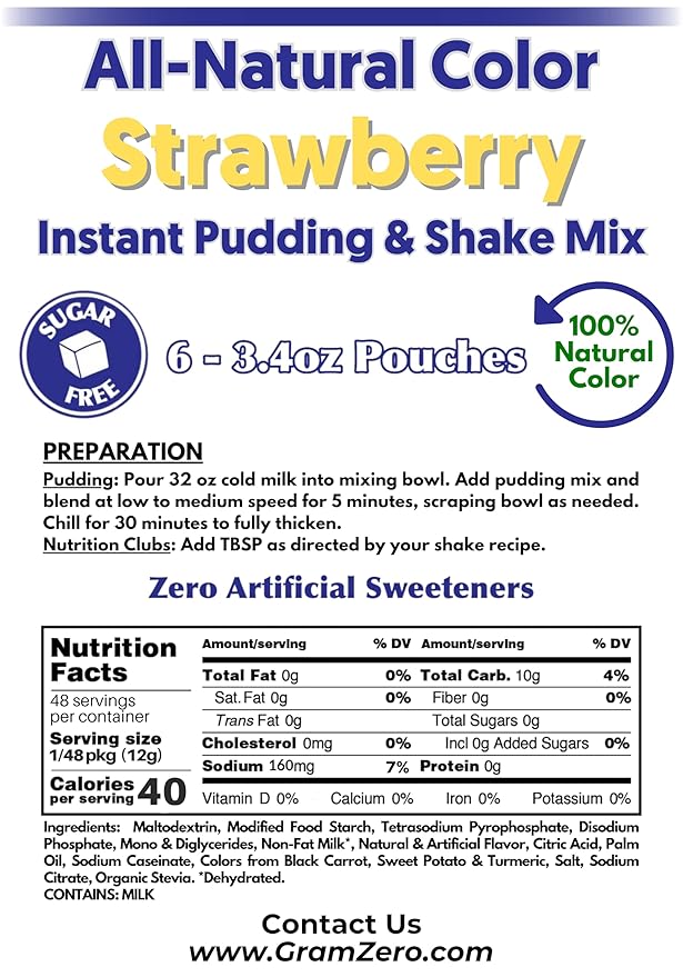 GramZero Strawberry Sugar Free Pudding Mix With Natural Color: 6-Pack Great For Nutrition Club Meal Replacement Shakes Low Calorie Dessert Stevia Sweetened