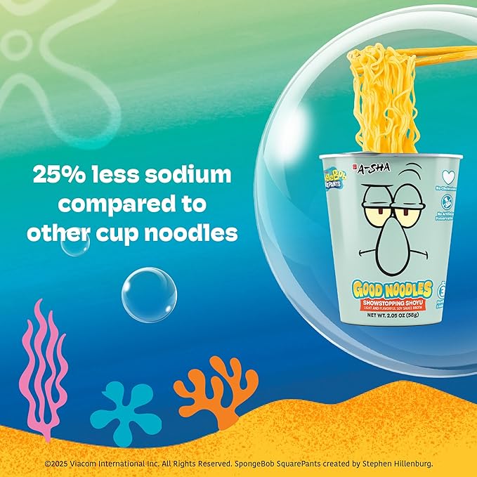 A-Sha &amp SpongeBob Squarepants Good Noodles (6 Pack) | Squidward Showstopping Shoyu Flavor | Better For You Microwaveable Ramen Soup Mix