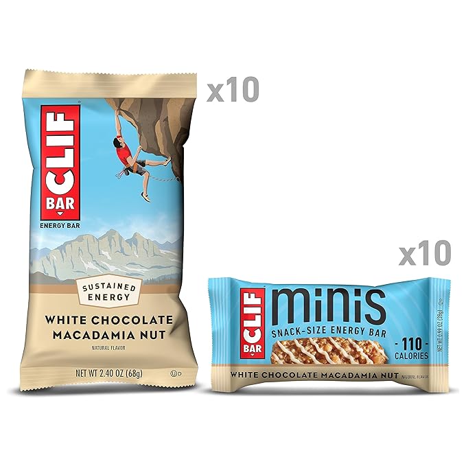CLIF BAR - White Chocolate Macadamia Nut Flavor - Full Size and Mini Energy Bars - Made with Organic Oats - Non-GMO - Plant Based - 2.4 oz. and 0.99 oz. (20 Count)