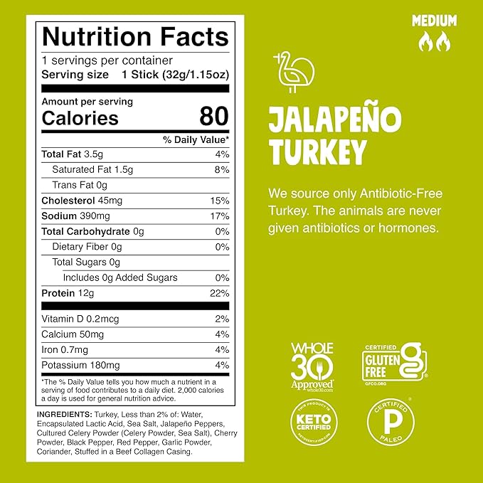 Chomps Jalapeño Turkey Jerky Meat Snack Sticks 24-Pack - Keto Paleo Low Carb Whole30 12g Lean Meat Protein Gluten and Antibiotic Free Zero Sugar