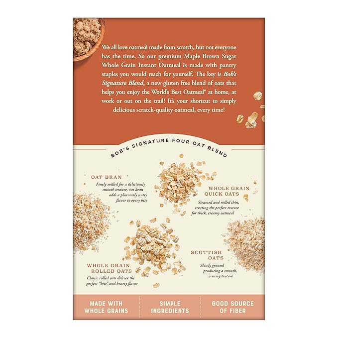 Bob's Red Mill Instant Oatmeal Maple Brown Sugar 24 Packets Total (1 Box/6 per Box) Non-GMO Gluten Free Whole Grain