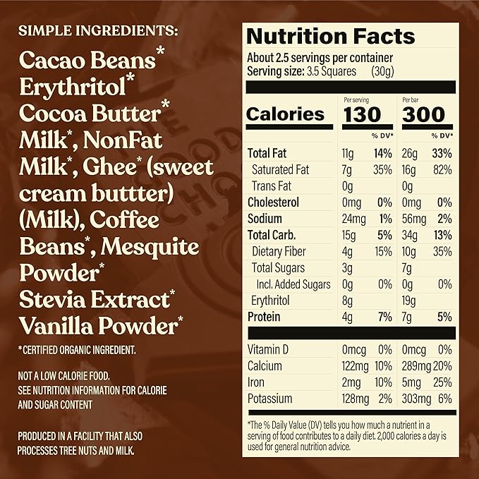 THE GOOD CHOCOLATE – Coffee Milk Chocolate Bars with 80% Less Sugar &amp Lower Net Carbs – Keto Chocolate Bar with Lower Calories All Natural and Non-GMO Keto Snacks 2.5 oz (6 Bars Value Pack)