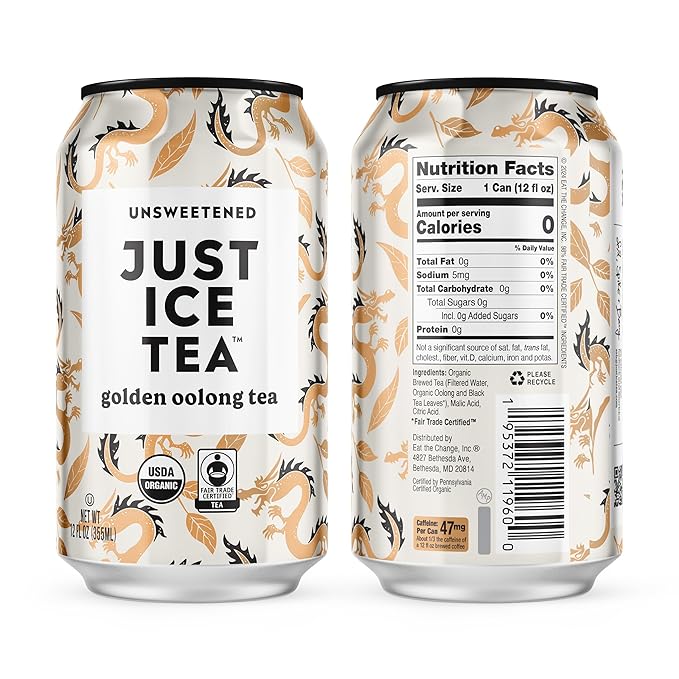 Just Ice Tea Golden Oolong Iced Tea 12-Pack (12oz Cans) Green Tea USDA Certified Organic Real Brewed No Calories Unsweetened Fair Trade Made in USA.